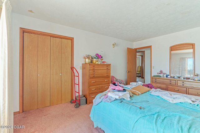 bedroom with a closet and light colored carpet