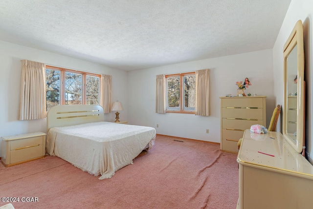 carpeted bedroom featuring a textured ceiling and multiple windows