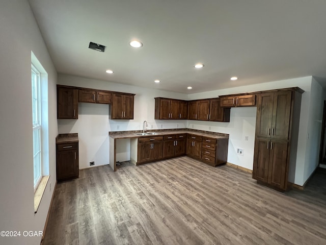 kitchen featuring sink, dark brown cabinets, and light hardwood / wood-style flooring