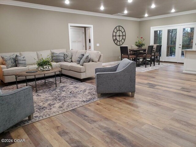 21942 Mill Creek Cir, Shell Knob, MO 65747 - living room with hardwood / wood-style flooring, ornamental molding, and french doors