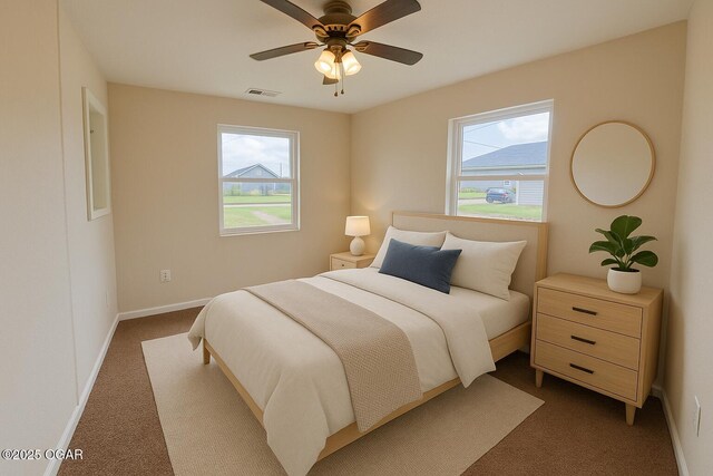 2311 Bird Ave, Joplin, MO 64804 - bedroom featuring a ceiling fan, baseboards, visible vents, and dark colored carpet