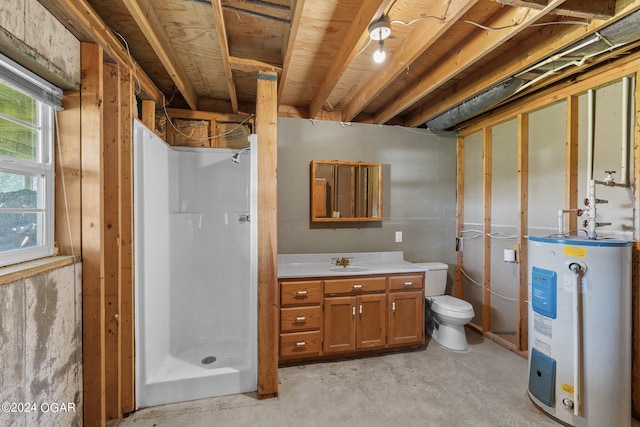 bathroom featuring toilet, water heater, concrete floors, walk in shower, and vanity