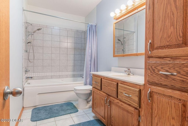 full bathroom featuring tile patterned floors, vanity, toilet, and shower / tub combo with curtain