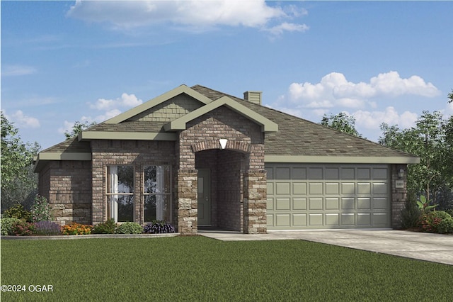 2323 N Miller Ave, Joplin, MO 64801 - view of front of home featuring a front lawn, driveway, stone siding, roof with shingles, and a garage