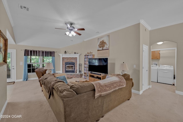 7221 State Highway 90, Pineville, MO 64856 - living area with visible vents, light carpet, ceiling fan, arched walkways, and independent washer and dryer
