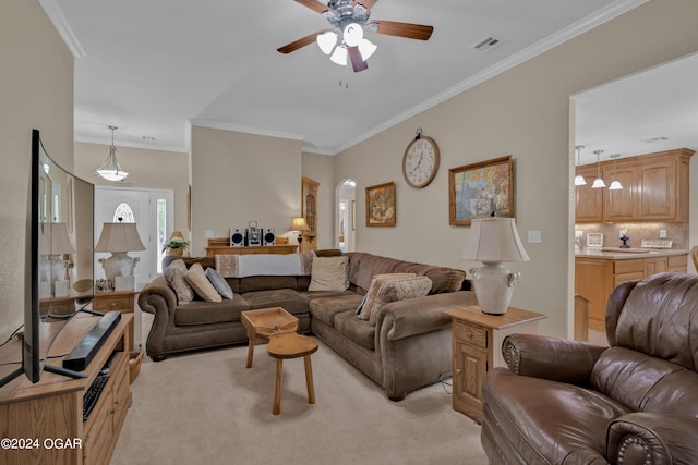 7221 State Highway 90, Pineville, MO 64856 - living area with ceiling fan, visible vents, crown molding, arched walkways, and light carpet