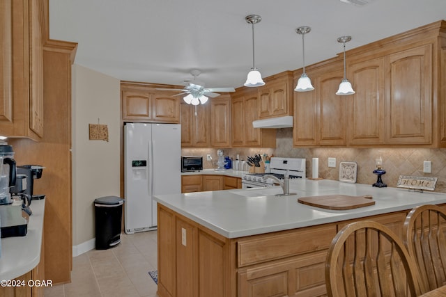 kitchen with backsplash, decorative light fixtures, white appliances, ceiling fan, and light tile patterned flooring