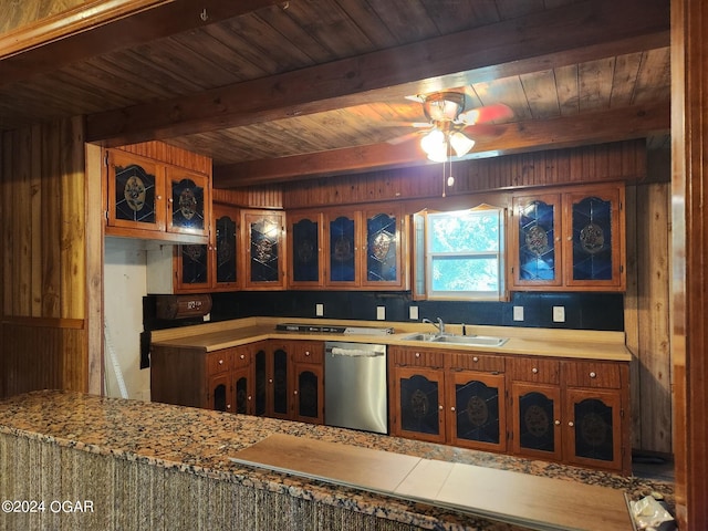 kitchen featuring dishwasher, sink, wooden ceiling, and beam ceiling