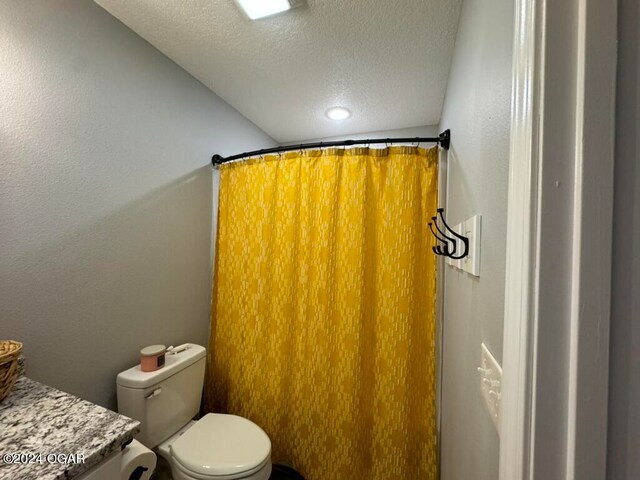 bathroom featuring a textured ceiling, toilet, and vanity