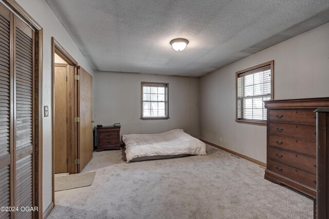 unfurnished bedroom featuring carpet flooring, a textured ceiling, baseboards, and multiple windows