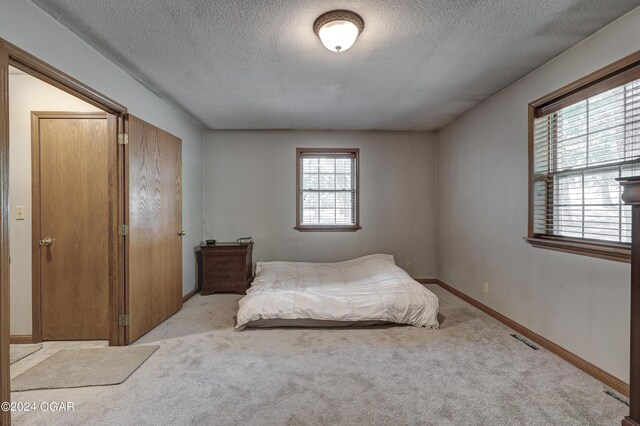 carpeted bedroom with a textured ceiling, visible vents, and baseboards