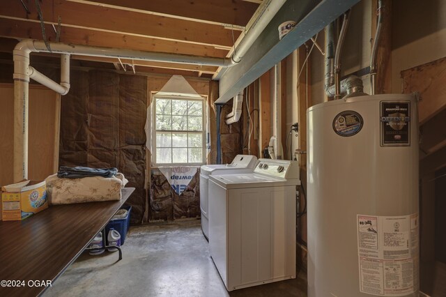 clothes washing area with laundry area, water heater, and washing machine and clothes dryer