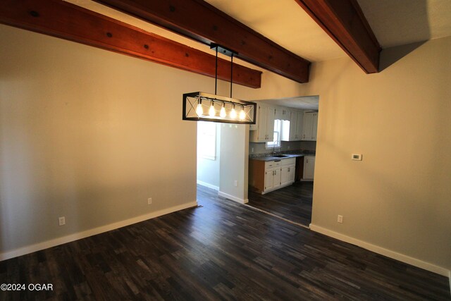 interior space featuring sink, beamed ceiling, and dark hardwood / wood-style floors