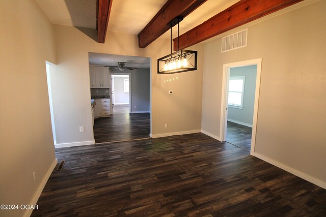 unfurnished room with dark hardwood / wood-style flooring, beam ceiling, and ceiling fan with notable chandelier