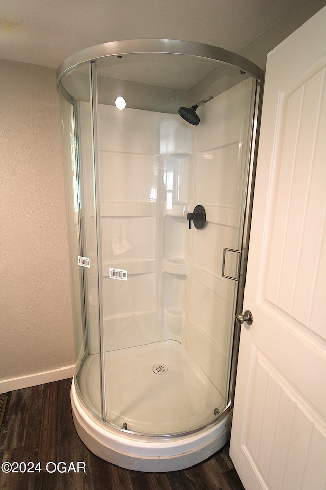 bathroom with walk in shower and wood-type flooring