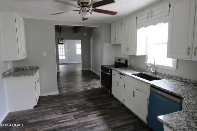 kitchen with stainless steel dishwasher, electric range, dark hardwood / wood-style flooring, white cabinets, and sink