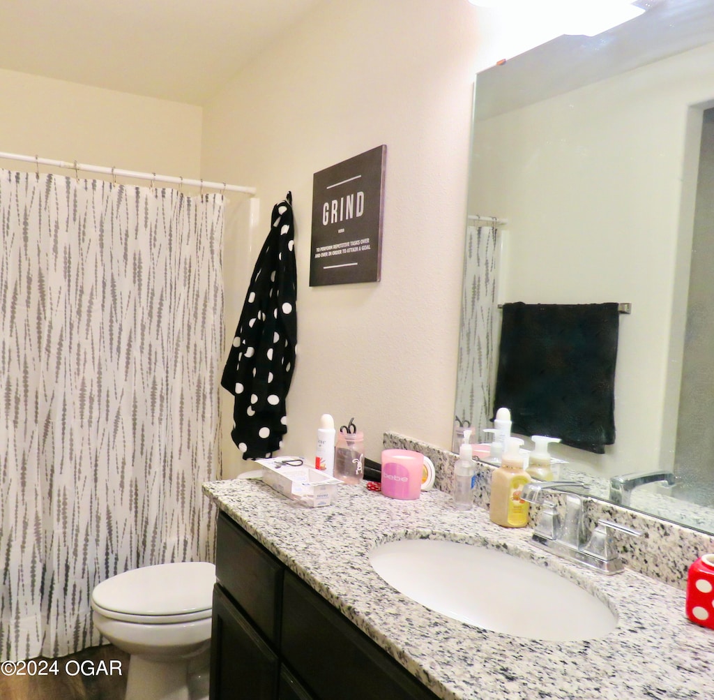 bathroom with vanity, toilet, and curtained shower