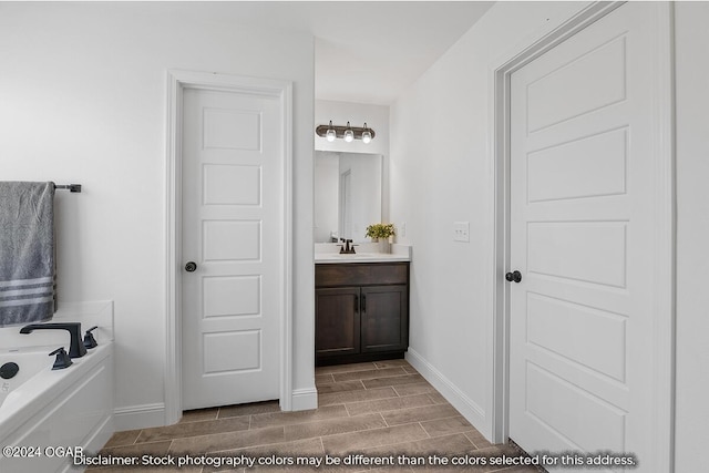 bathroom with tile patterned flooring, a washtub, and vanity