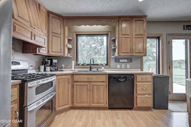 kitchen featuring light wood-type flooring, appliances with stainless steel finishes, a healthy amount of sunlight, and sink