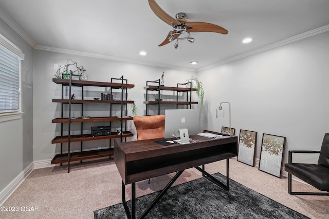 office space with ceiling fan, carpet floors, and ornamental molding