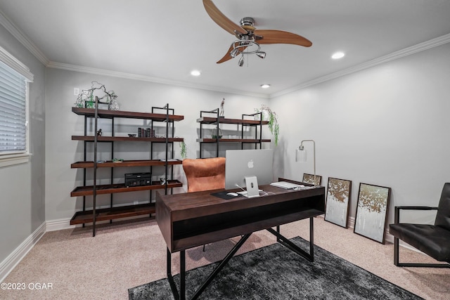 carpeted office with ceiling fan, crown molding, recessed lighting, and baseboards