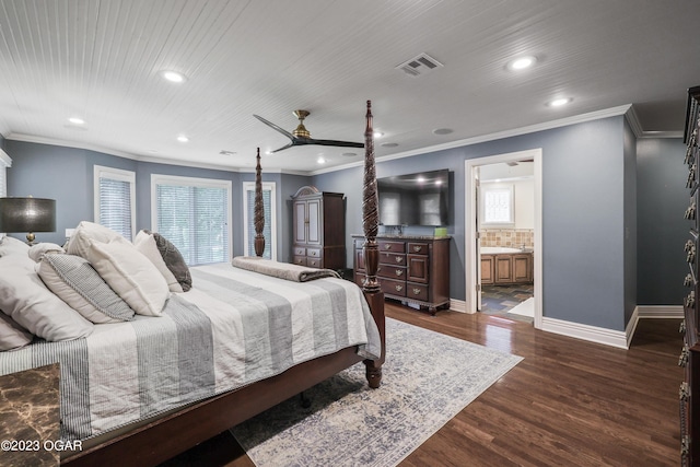 bedroom with ceiling fan, ornamental molding, wood-type flooring, and ensuite bathroom