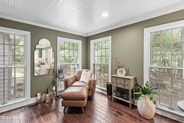 living area featuring wooden ceiling, crown molding, and dark wood-type flooring