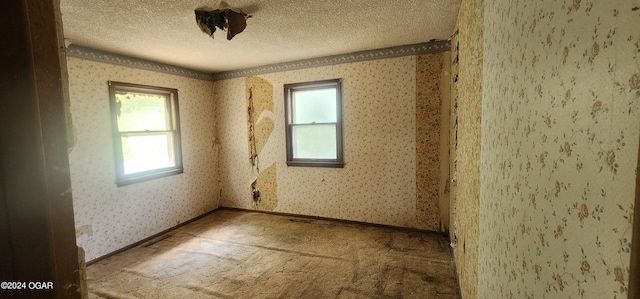 spare room with a textured ceiling and carpet flooring