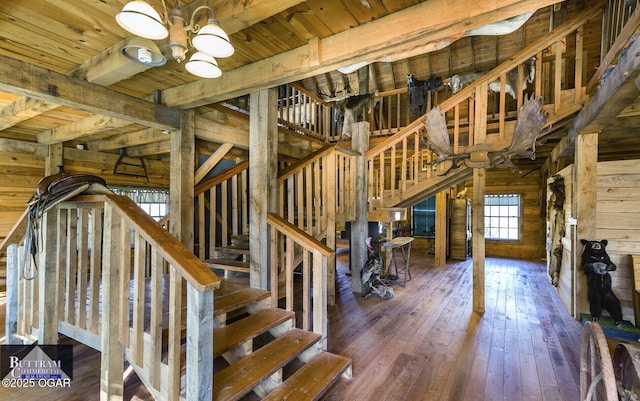 4014 E 7th St Unit 4, Joplin, MO 64801 - staircase with wood walls, a wood ceiling with exposed beams, wood-type flooring, and a chandelier