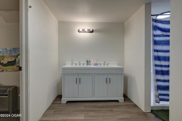 bathroom with double vanity, a sink, and wood finished floors