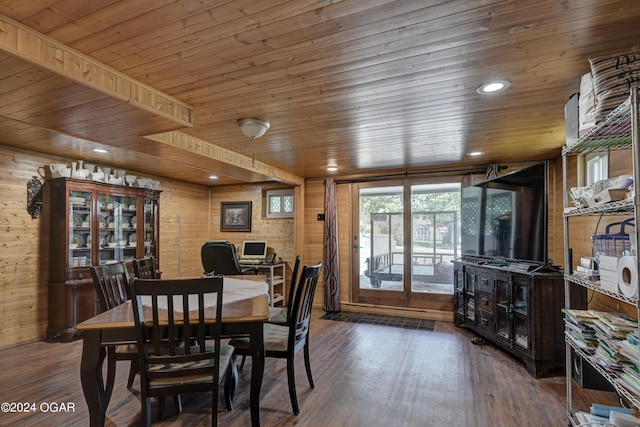 dining space with wood walls, dark hardwood / wood-style floors, and wooden ceiling