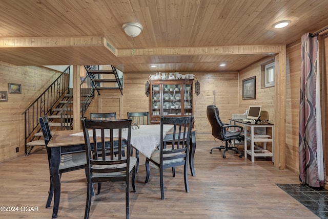 dining area with wood ceiling, hardwood / wood-style flooring, and wooden walls