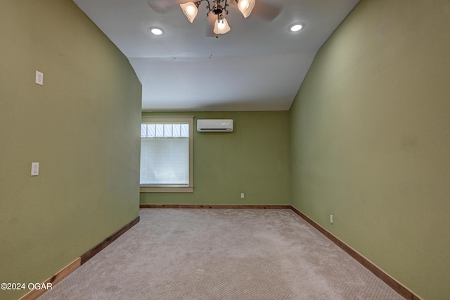 carpeted empty room with lofted ceiling, ceiling fan, and an AC wall unit