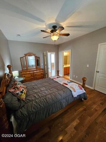 bedroom with ceiling fan, ensuite bathroom, and wood-type flooring