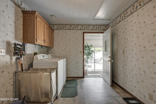 9825 County Rd 215, Webb City, MO 64870 - laundry room featuring wallpapered walls, washing machine and dryer, cabinet space, baseboards, and a textured ceiling