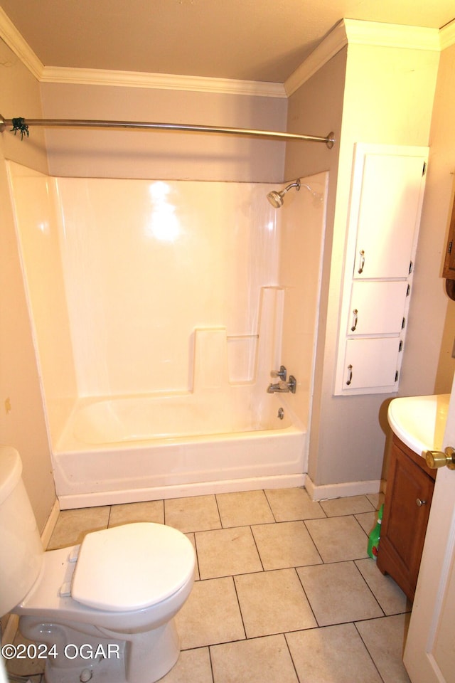 full bathroom with  shower combination, vanity, toilet, and ornamental molding