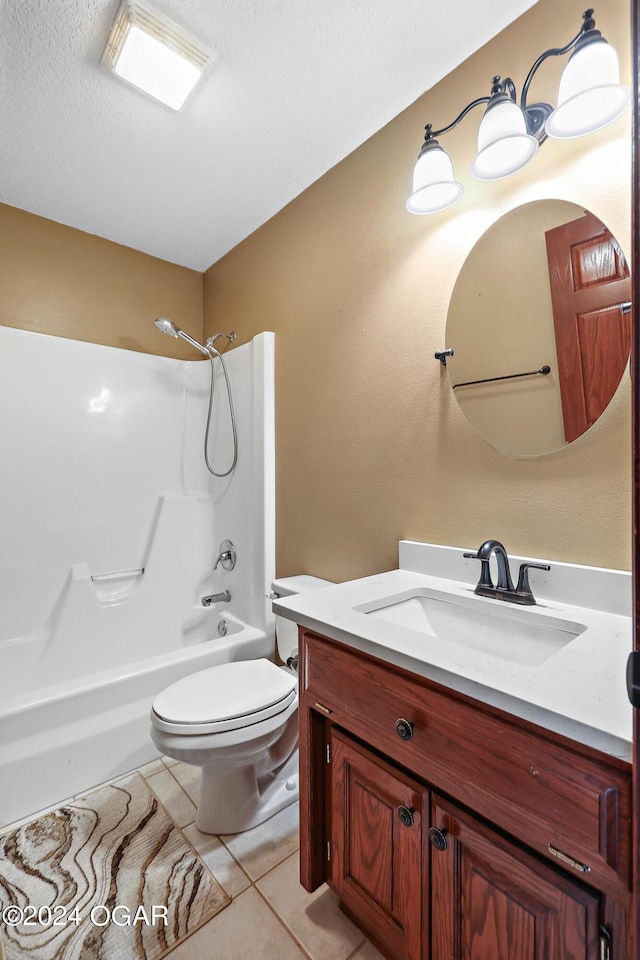 full bathroom featuring vanity, a textured ceiling, tile patterned flooring, shower / tub combination, and toilet