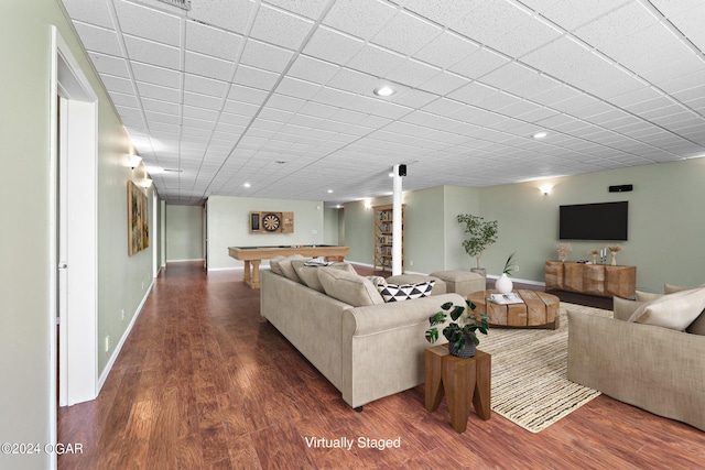 living room with dark wood-type flooring and billiards