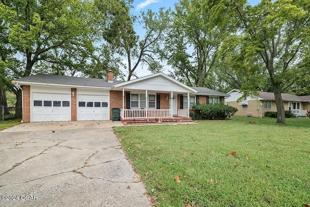 ranch-style house with a front lawn, a porch, and a garage