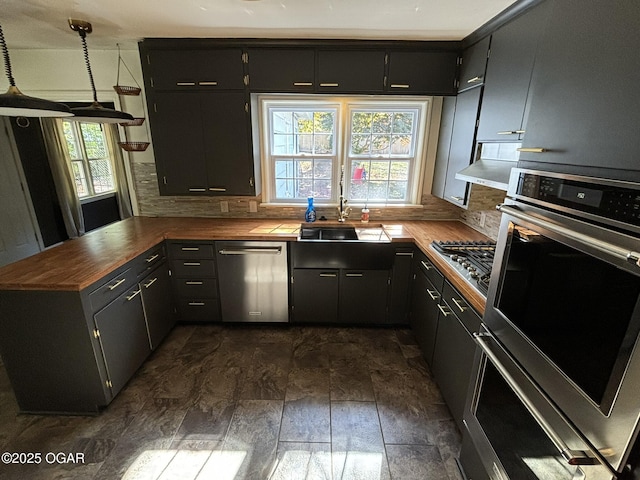 kitchen featuring sink, hanging light fixtures, tasteful backsplash, extractor fan, and appliances with stainless steel finishes