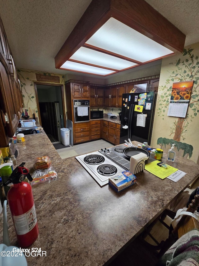 kitchen featuring dark brown cabinets, a textured ceiling, sink, and black appliances