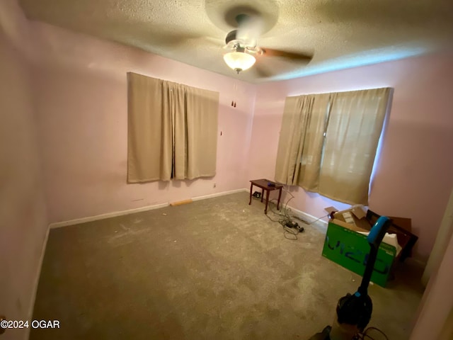 interior space featuring ceiling fan, a textured ceiling, and carpet