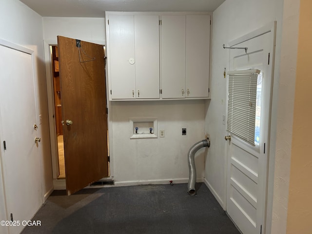 washroom with cabinets, washer hookup, hookup for an electric dryer, and dark colored carpet