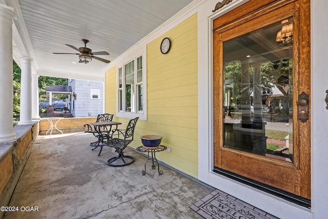 view of patio / terrace featuring ceiling fan and covered porch