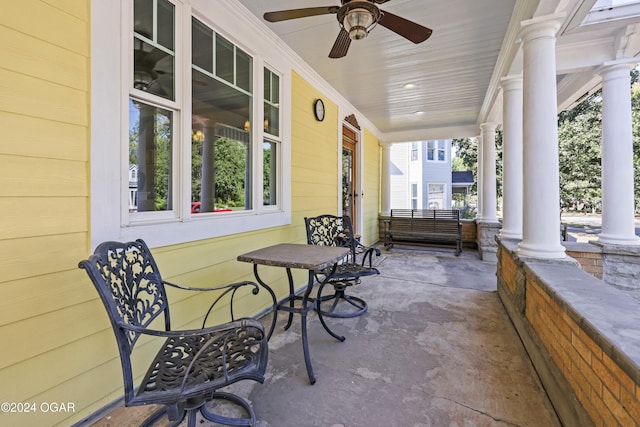 view of patio / terrace featuring ceiling fan and a porch