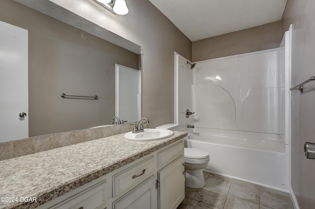 full bathroom with bathtub / shower combination, a textured ceiling, toilet, tile patterned floors, and vanity