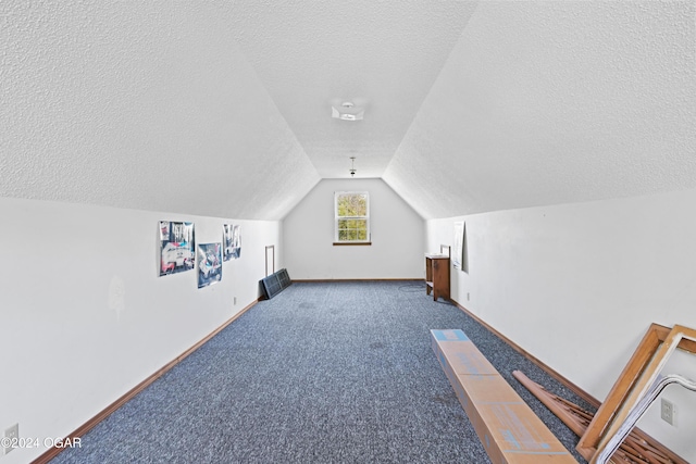 additional living space with carpet floors, vaulted ceiling, and a textured ceiling