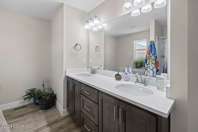 bathroom featuring vanity, hardwood / wood-style flooring, and walk in shower