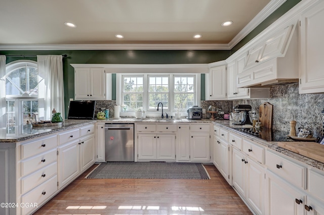 kitchen featuring dishwasher, white cabinets, sink, and light wood-type flooring