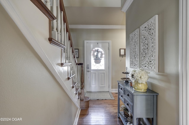 foyer with ornamental molding and dark wood-type flooring